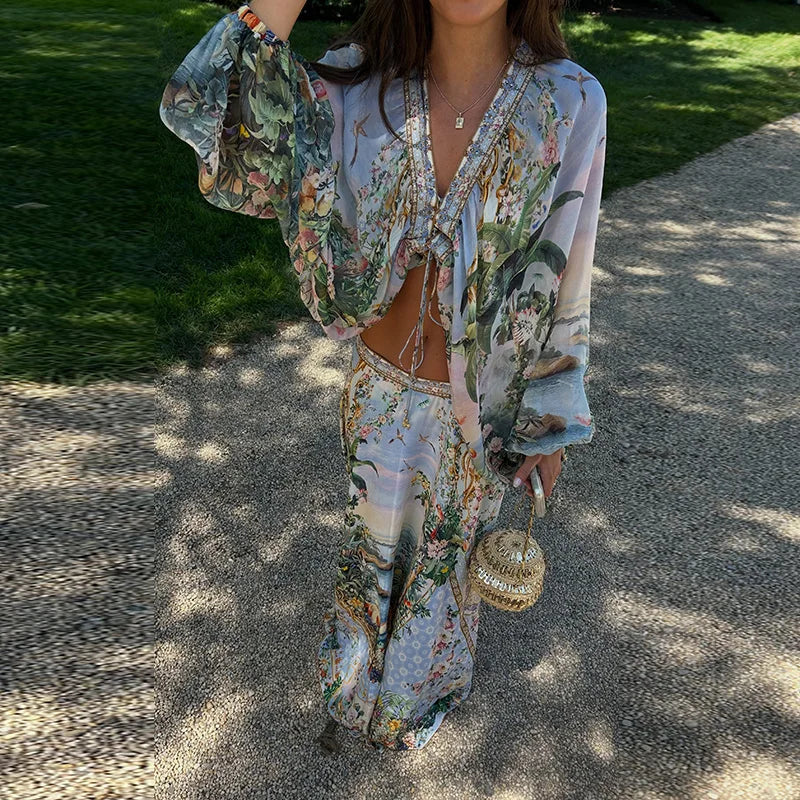 Bohemian Floral Matching Set V Neck Tie Front Crop Top Elastic Waist Tiered Ruffle Maxi Skirt Vacation 2 Piece Outfit 2026 Beach