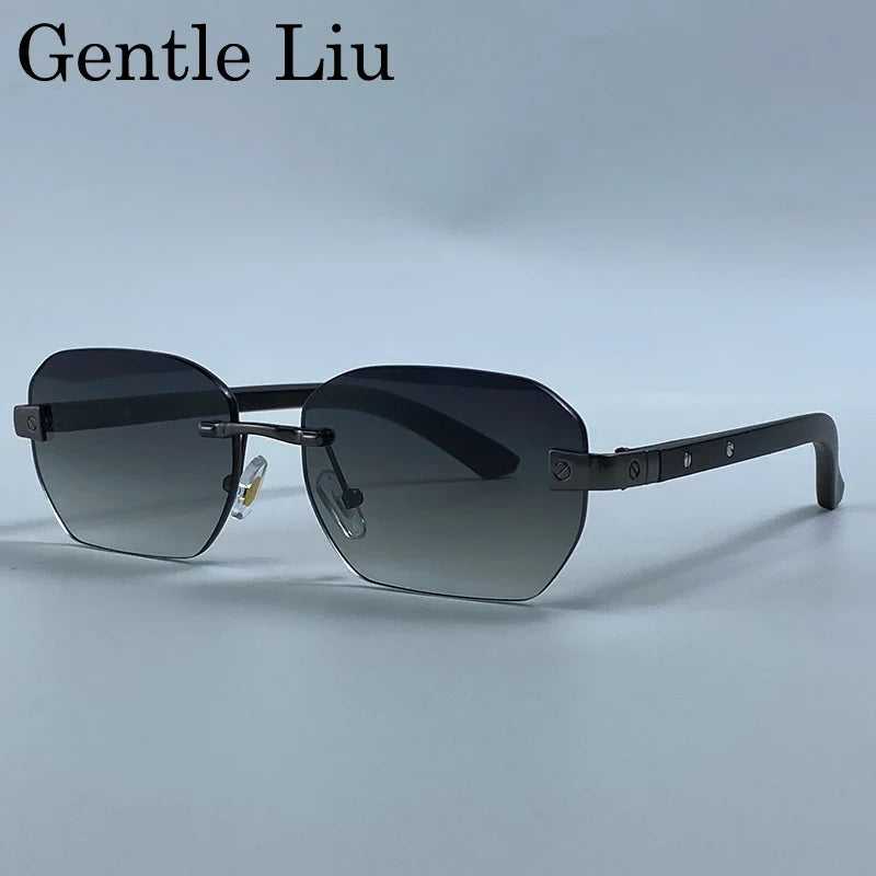 Small Square Rimless Sunglasses Men 2026 Luxury Designer Vintage Polygon Rectangle Shades Gold Metal Eyewear Retro Sun Glasses