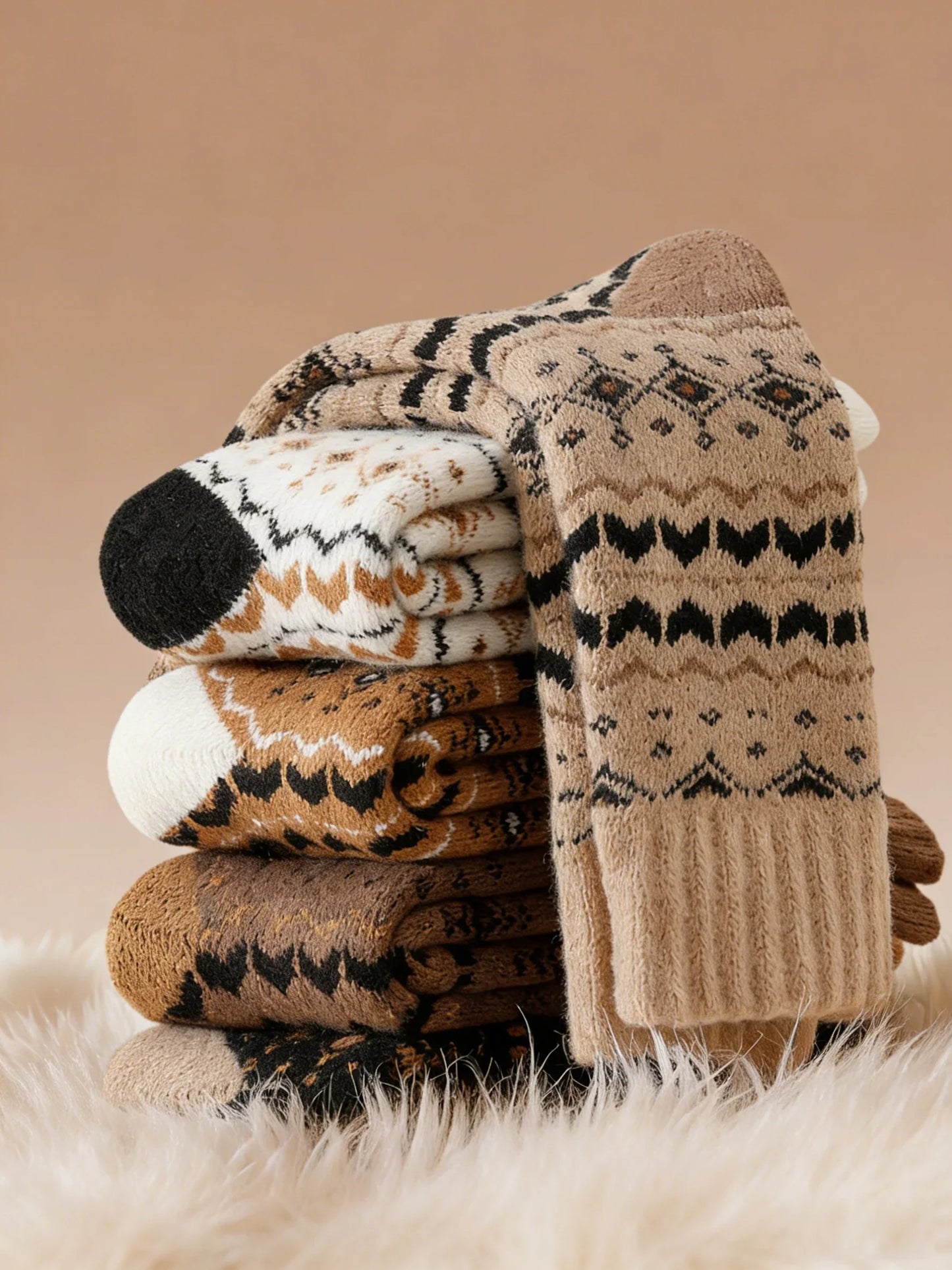 1/5 Pairs Autumn/Winter Retro Pattern Women Round Neck Socks Warm Comfortable Ethnic Style Outdoor Fashionable Casual Socks