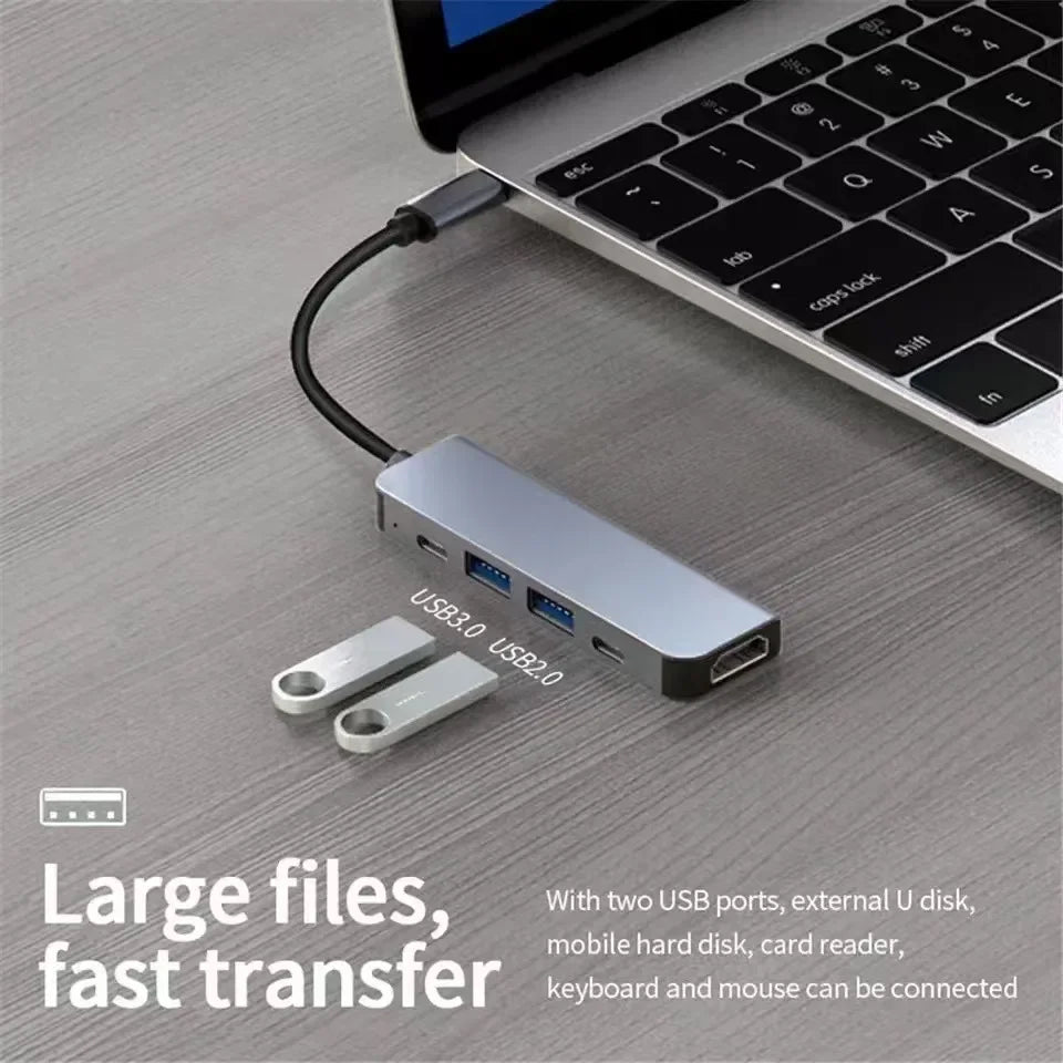 5-in-1 Type-C Hub & USB-C Dock - Multi-Function Adapter for Phone, PC, and Mac