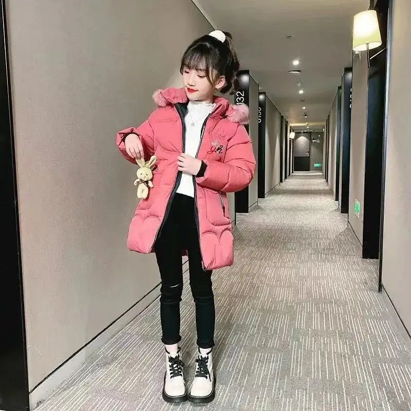 4 Color Big Size Winter Keep Warm Long Style Girls Jacket Teenage Thick Heavy Cold-proof Hooded Windbreaker Coat For Kids