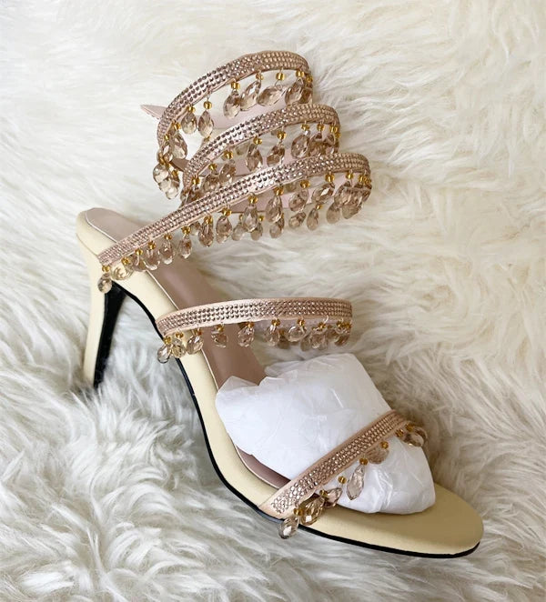 2023 Summer Crystal Pendant Twine Sandals Rhinestone High Heels 10cm Open Toe Women Shoes Party Wedding Bridal Shoes Size 34-43