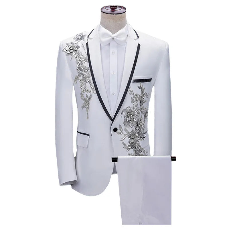 (jacket+pants) Men Fashion Wedding Banquet Party Flower Suits Singer