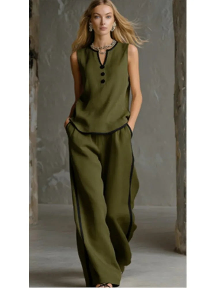 Casual Women Color Blocking Loose Sleeveless Button Vest Elastic Waist Wide-leg Pants Two Peice Set Summer V-Neck Ladies Outfit