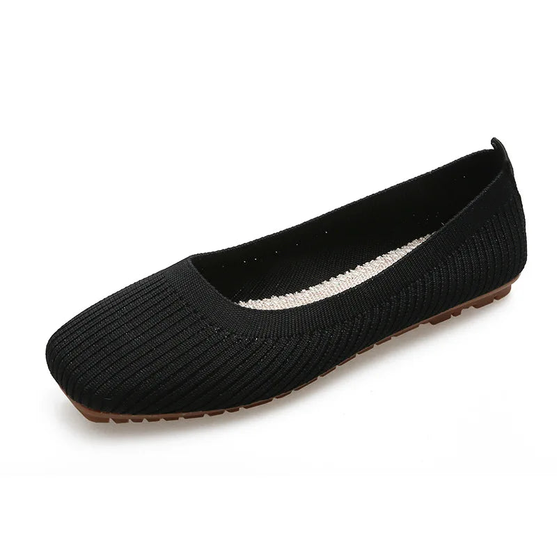 Women Leisure Flats Summer Autumn Flat Shoes Breathable Knitted Square Toe Slip-on Female Daily Walking Driving Loafers