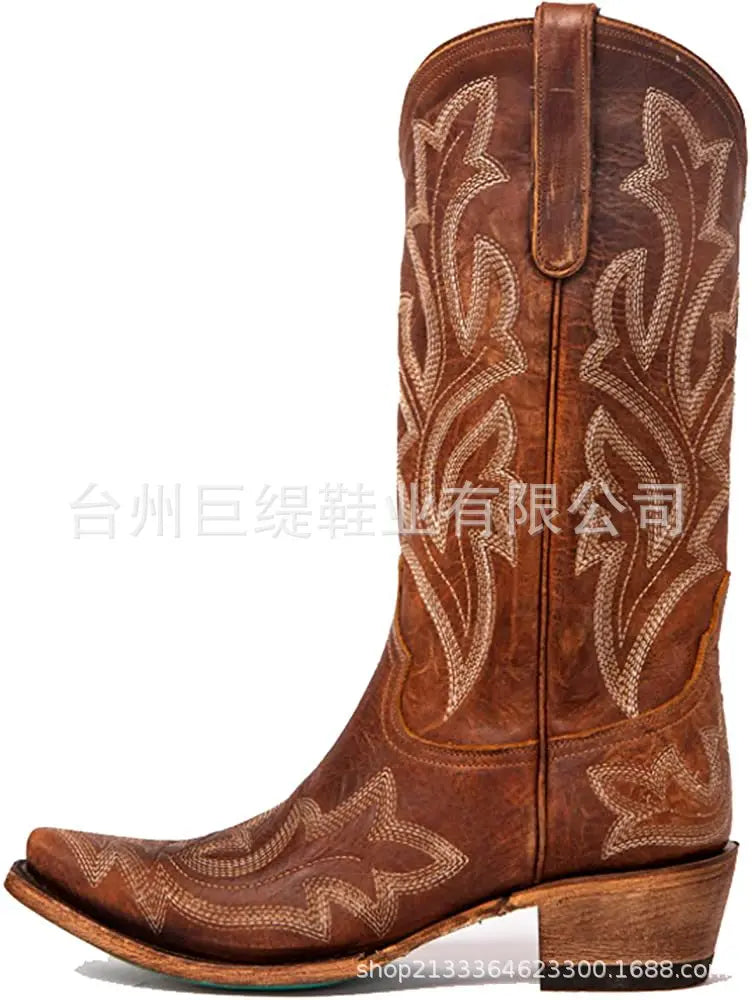 Botas de cowboy bordadas para mujer, hasta la rodilla, a media pantorrilla, botas vaqueras vintage de tacón, zapatos casuales de tacón grueso para otoño