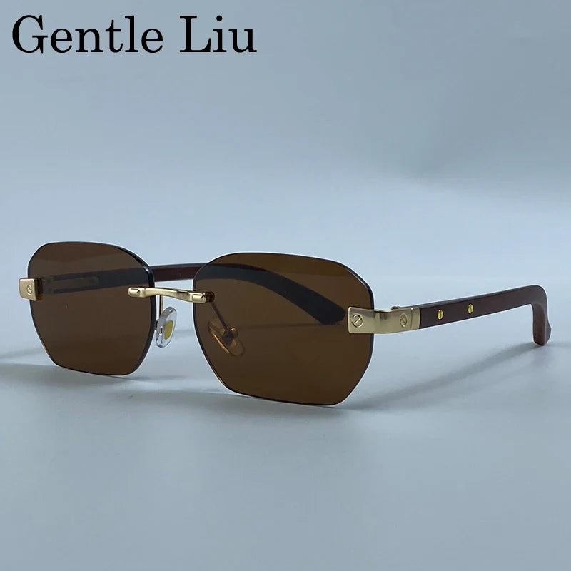 Small Square Rimless Sunglasses Men 2026 Luxury Designer Vintage Polygon Rectangle Shades Gold Metal Eyewear Retro Sun Glasses