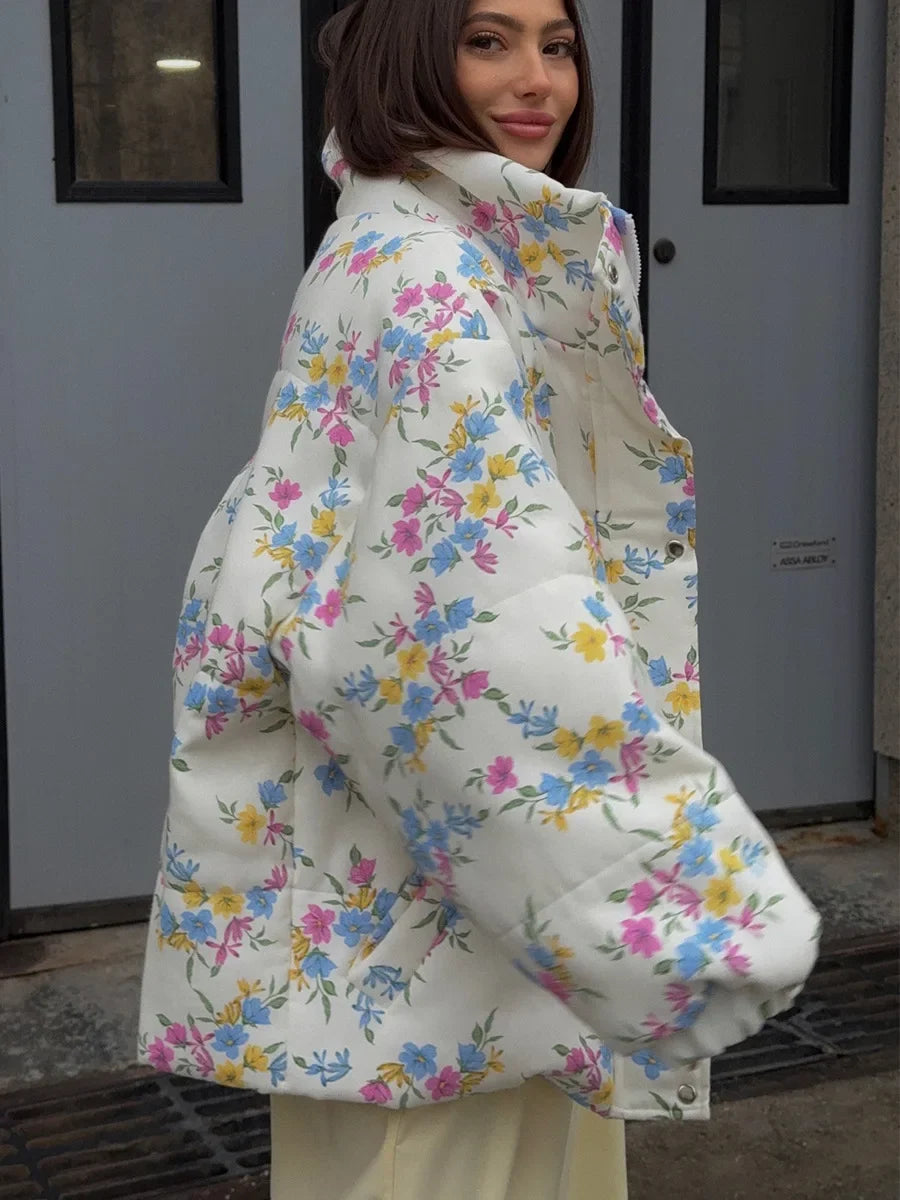 Bornladies New Women's Puffer Jacket Stand Up Collar Zipper Closure Floral Print Warm Cotton Filled Coat Oversized Autumn Winter