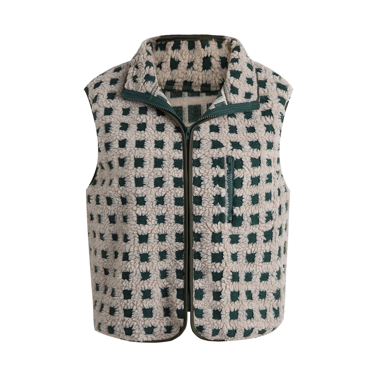 Women’s Fuzzy Checkered Vest Sleeveless Stand Collar Zip Up Vest Jacket Loose Spring Fall Warm Outwear