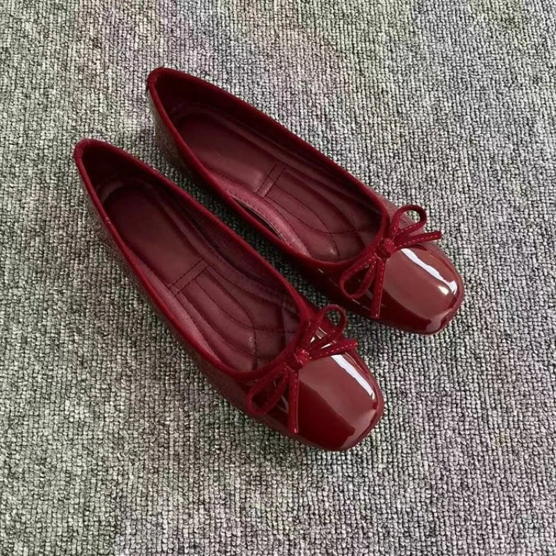 2026 New Women's Patent Leather Bow Ballet Flats, Square Toe Soft Sole Slip-on Casual Shoes for Spring Summer