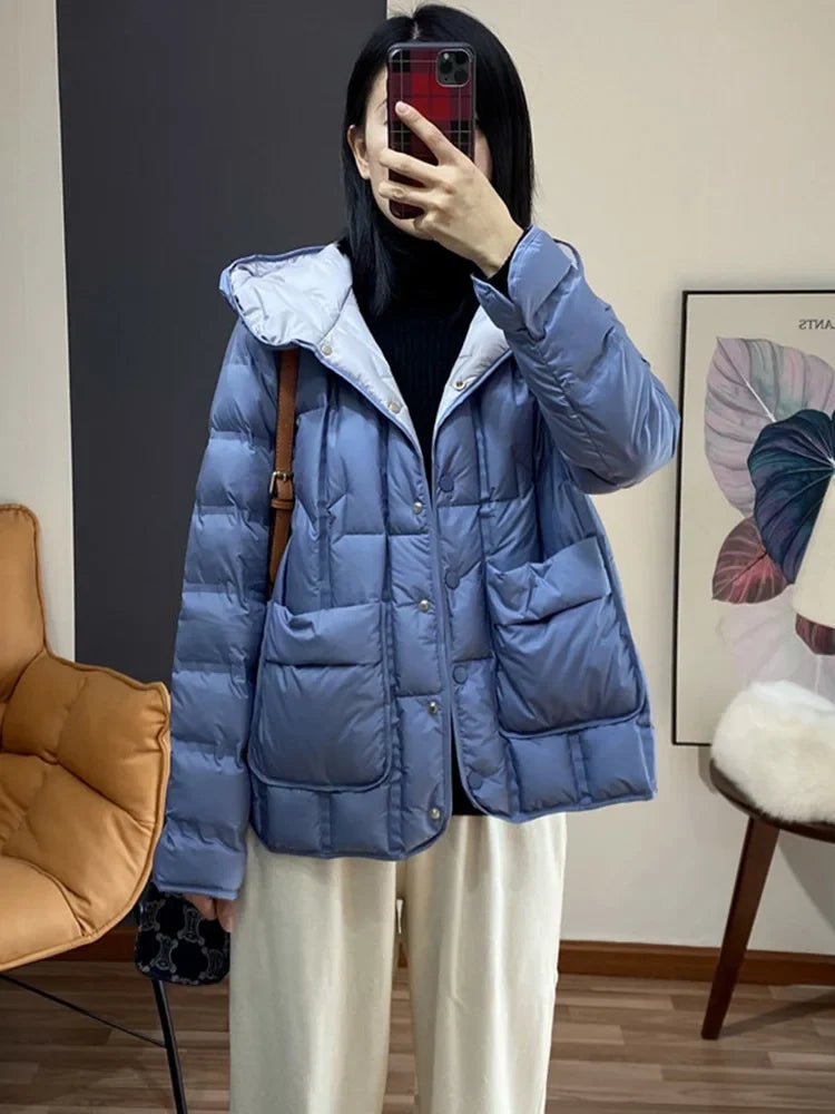 Winter Women 90% White Duck Down Coat Female Stand Collar Single-Breasted Puffer Jacket Casual Loose Hooded Parkas Coat Women