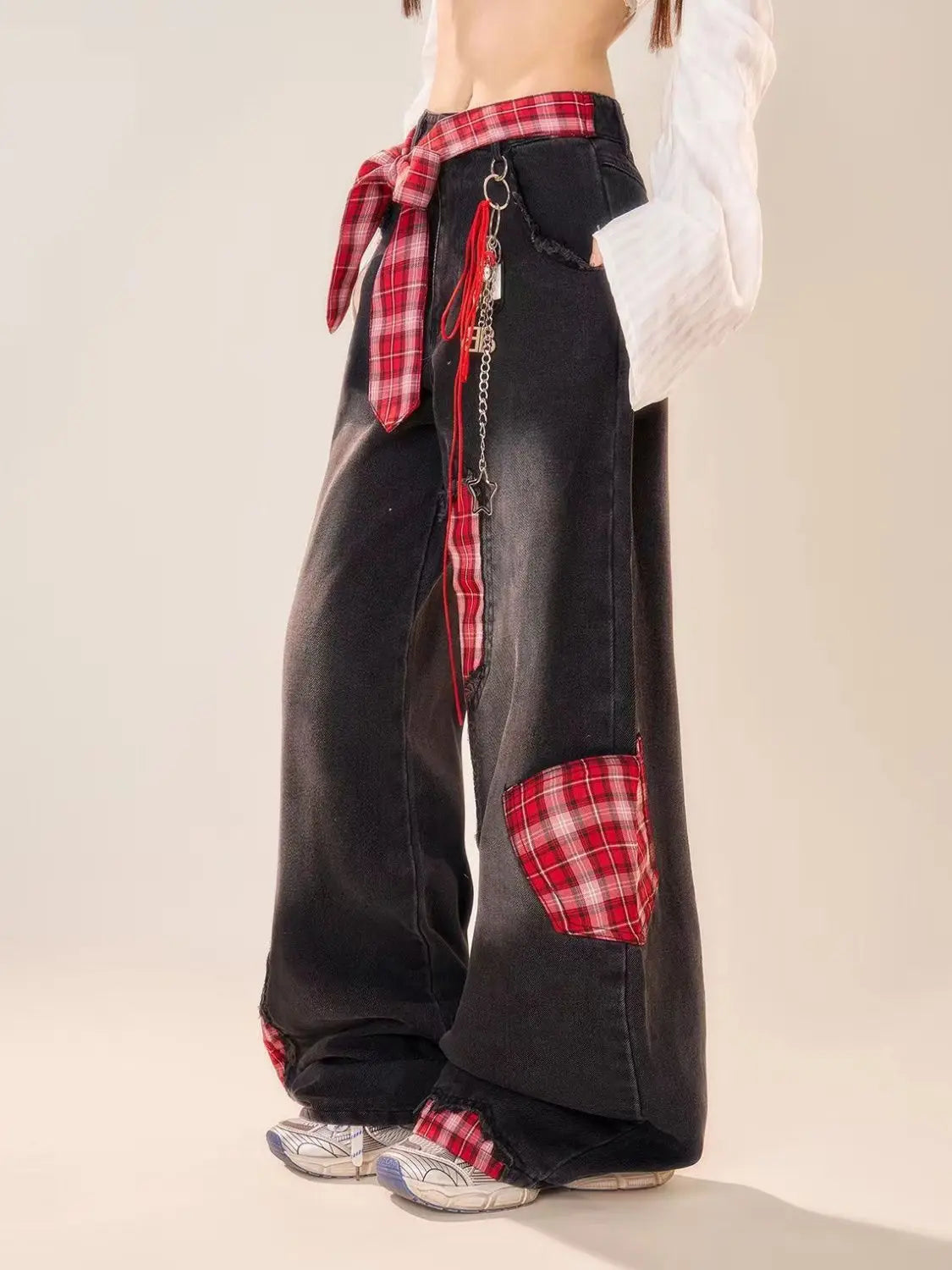 Retro Black Bow Tie Strap Patchwork Jeans Checkered Sweet Women Trouse High Waisted Loose Wide Leg Casual Y2K Denim Pants