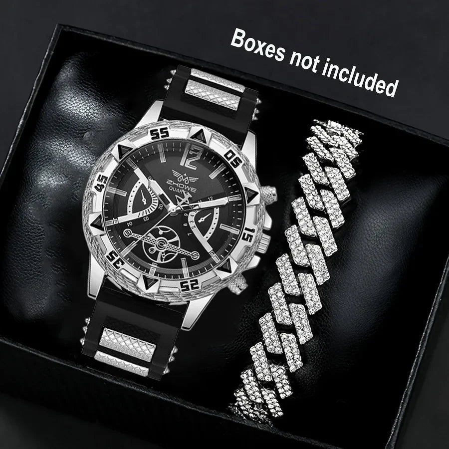 Business 2PCS Men's Fashion casual Luxury Silicone Band Diamond Quartz Bracelet Wrist Watch set（Box Not Included ）