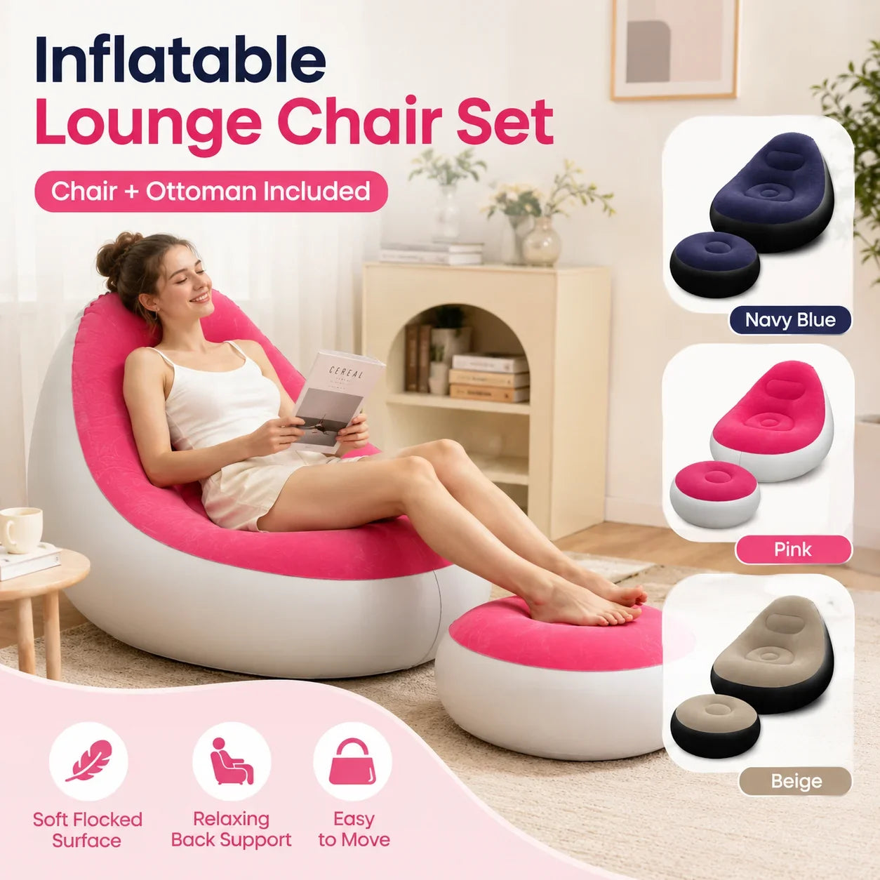 1PC Nflatable Air Sofa Chair with Footrest, Portable Lounge Chair Set