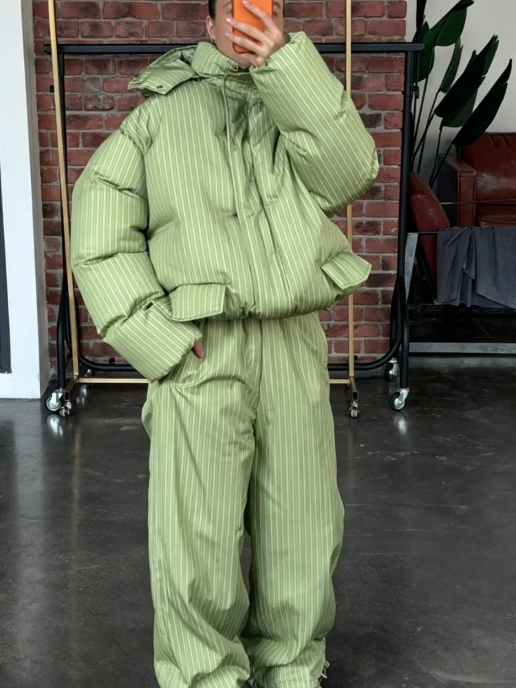Women Striped Hooded Puffer Two Piece Outfit Oversized Cropped Jacket Baggy Pants Set Daily Outdoor Fashion Matching Outfit