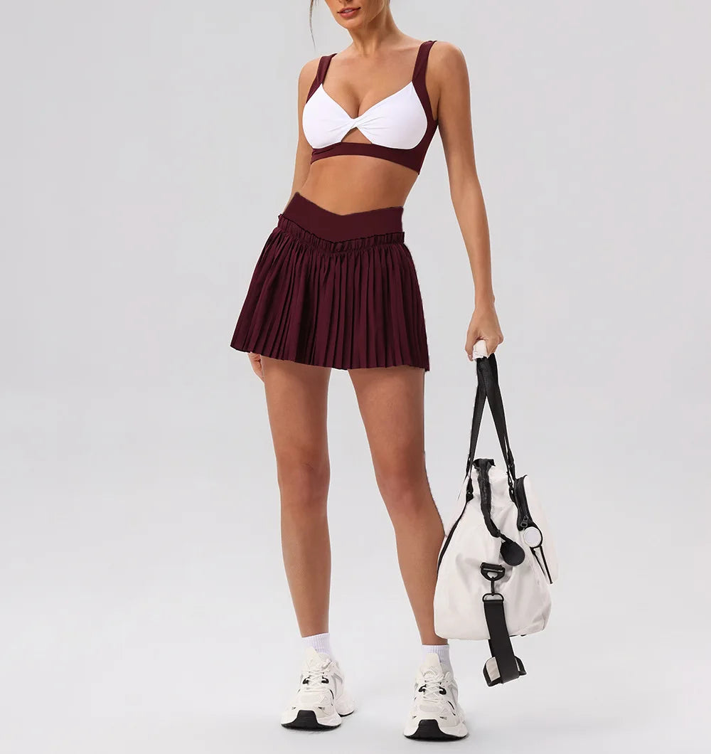 Tight Yoga Sets Women's Tracksuit Sexy Color Contrast Hollow Out Sports Bra High Waist Pleate Tennis Short Skirt Fitness Suits