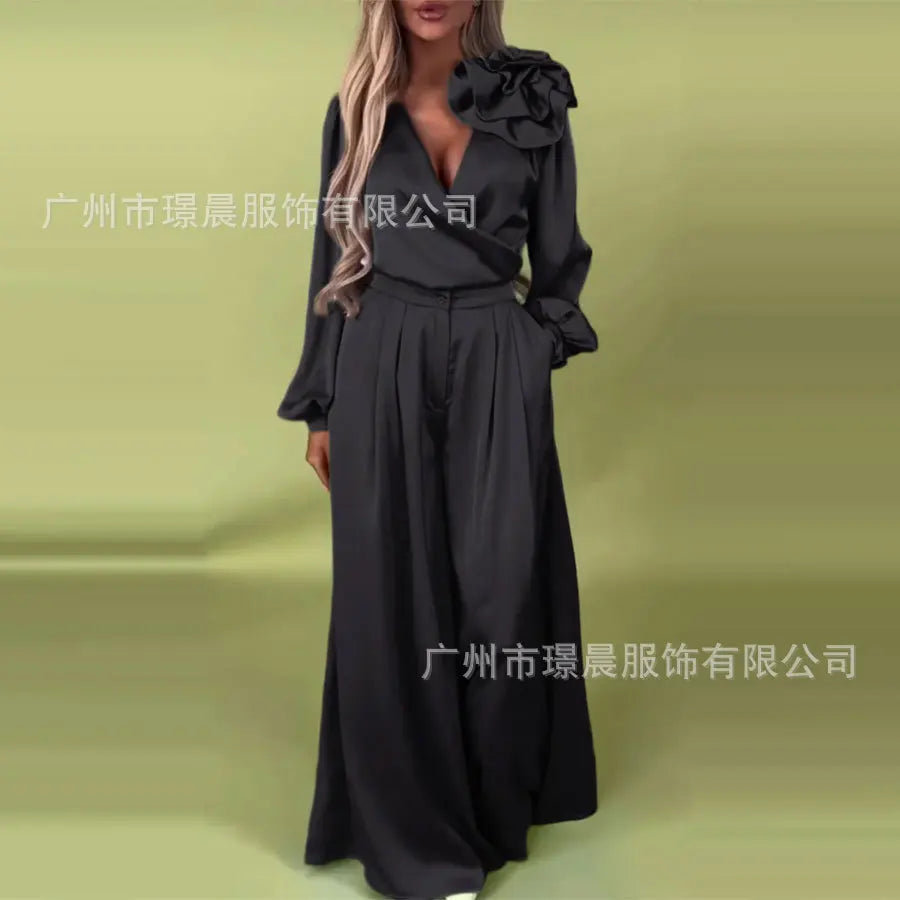 Pant Set Women Two Piece Sets V Neck Matching Sets Floral Slim Fit Tops Wide Leg Long Pants High Waist Y2k Elegant Retro 2025