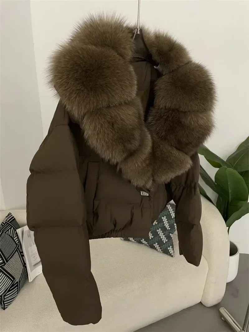 Down Jacket Women Short Puffer Jacket Thick New Big Natural Real Fox Fur Coat  Autumn Winter Female White Duck Down Coat Feather