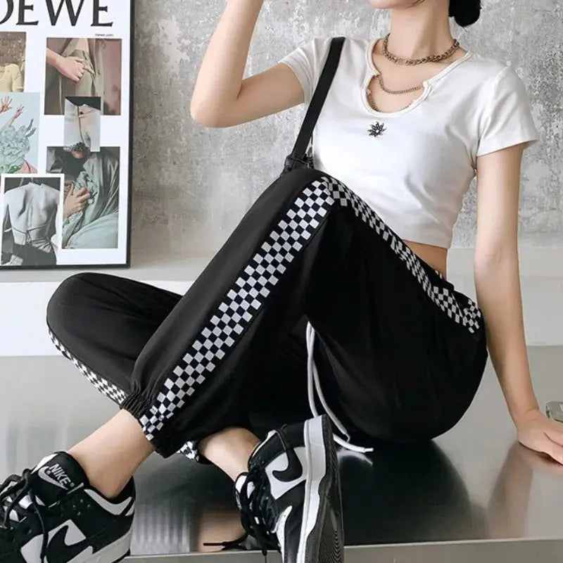 Women's Elastic High Waist Checkered Pants