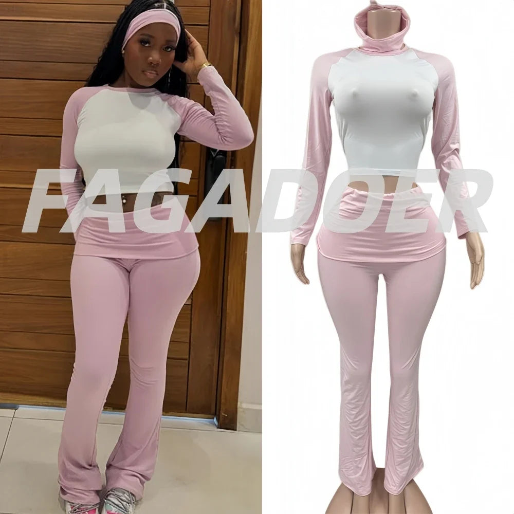 FAGADOER Casual 2 Pieces Set for Woman Long Sleeve Round Neck T-Shirt and High Waist Pants Matching Tracksuits Female Sportswear