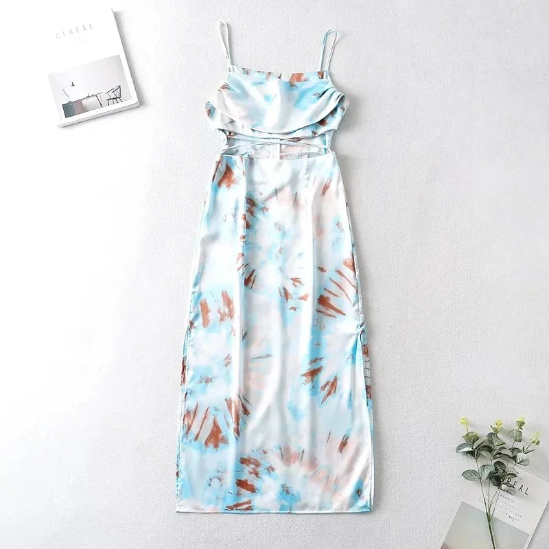 Foridol Waist Cut Out Criss Cross Sexy Summer Tie-dyed Midi Dress Ladies Elegant Beach Boho Slip Long Dress Sleeveless Sundress