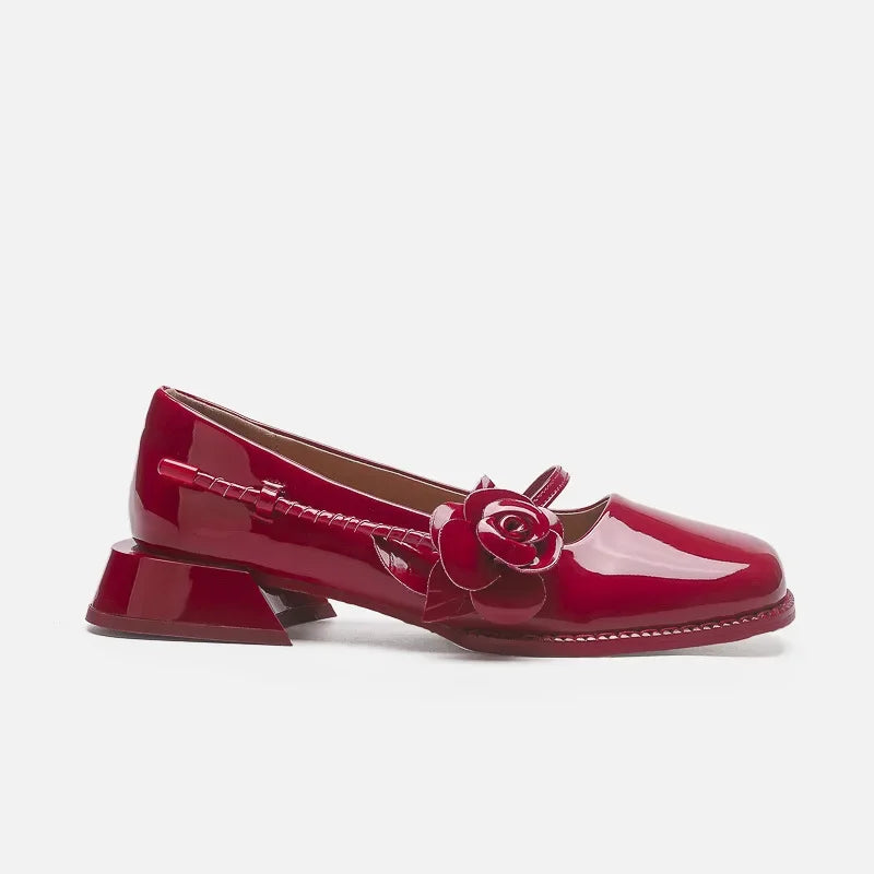 Lacquer Leather Mary Jane Shoes Women Flower Designer Women Shoes Shallow Fashion Square Toe Elegant Chunky Retro Pumps Female