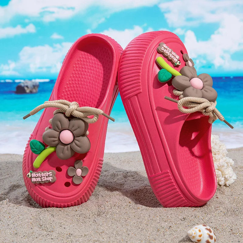 2025 Summer Women Slippers Cute DIY Flower Platform Sandals Casual Indoor Outdoor Clogs Beach Slides Female Home Garden Shoes