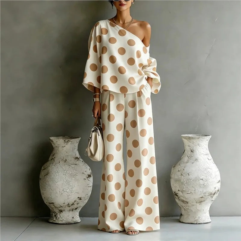 Bohemian Fashion Polka Dot Print Two-piece Set Woman's Foreign Style Slant Collar Top+wide Leg Pants Suit Lady Loose Fit Outfit