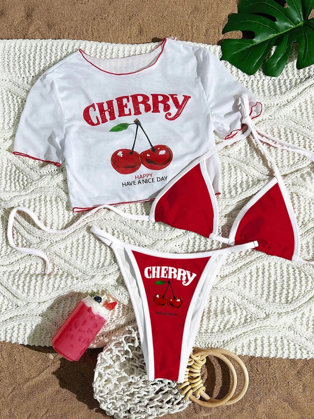 S -XL 13 Color Printed Three-piece Bikini set Short Sleeve Bikini Female Swimsuit Women Swimwear Bather Bathing Suit Swim V6854G