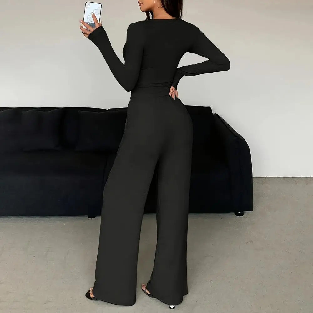 Button Up Crop Top & Wide Leg Pants Set, Women's Long Sleeve Matching Lounge Outfit Casual Fall Spring Tracksuits ﻿