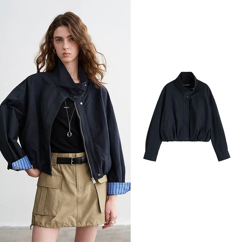 TOYOUTH Women Slub Cotton Jackets 2026 Spring New Cropped Tulip Silhouette Striped Cuff - Turn Up Stand Collar Tops