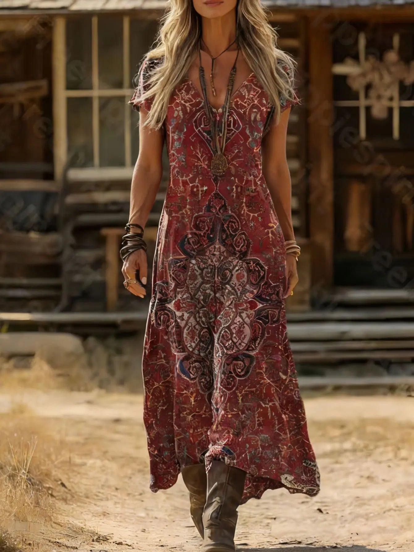 Plus Size Summer New Arrival Retro Ethnic Tie-Dye Dress V-Neck Short Sleeve Loose Boho Vacation Maxi Skirt