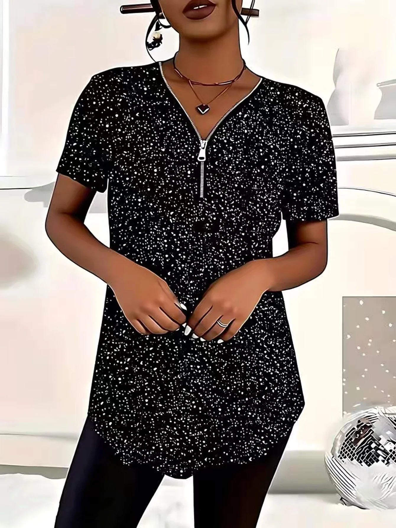 plus size women's summer new short sleeved casual polka dot top V-neck zipper curved hem T-shirt daily essential
