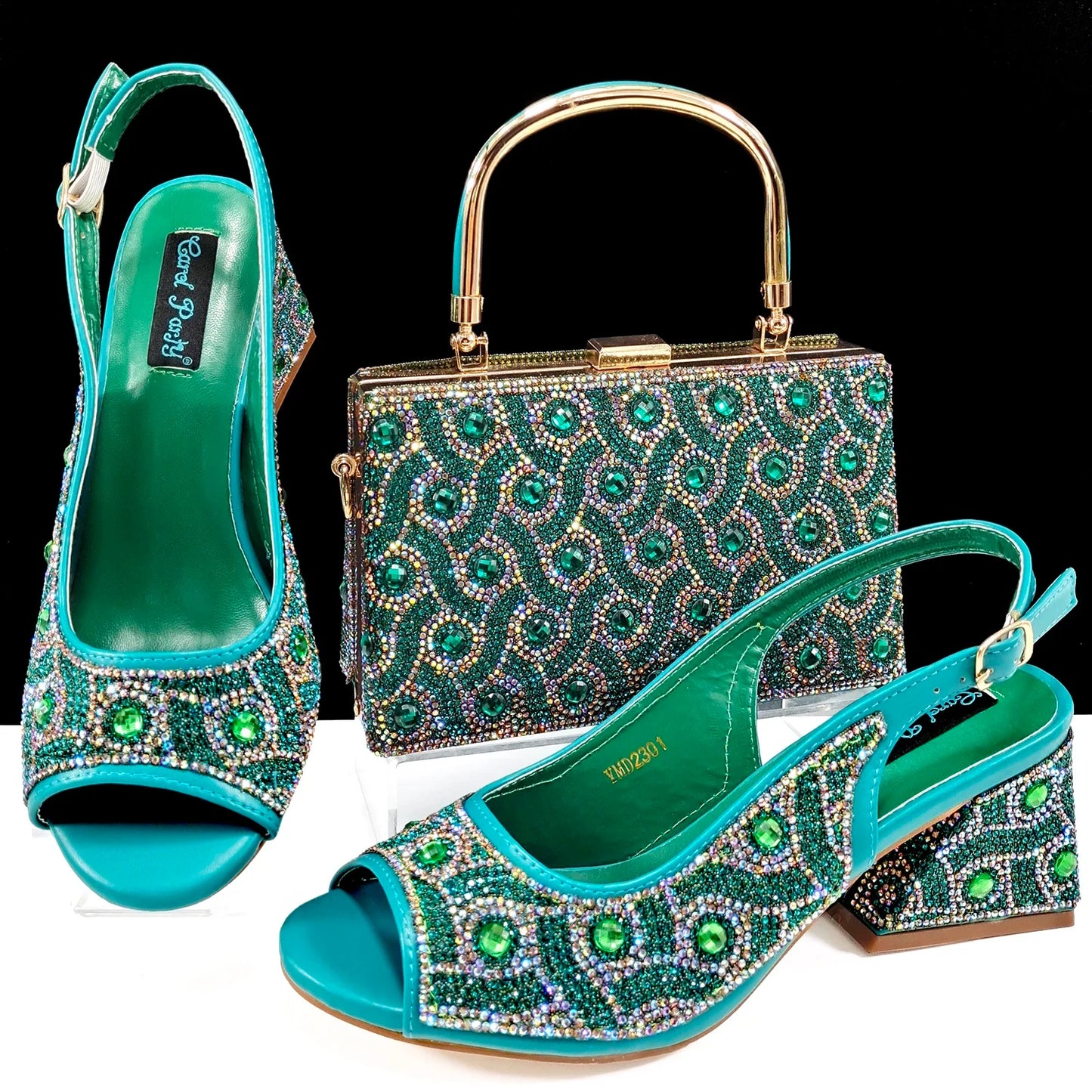 QSGFC 2024 Rhinestone Design INS Hot Sale New Arrivals African Shoes and Bag Set in Green Color Open Toe Comfortable Women Heels