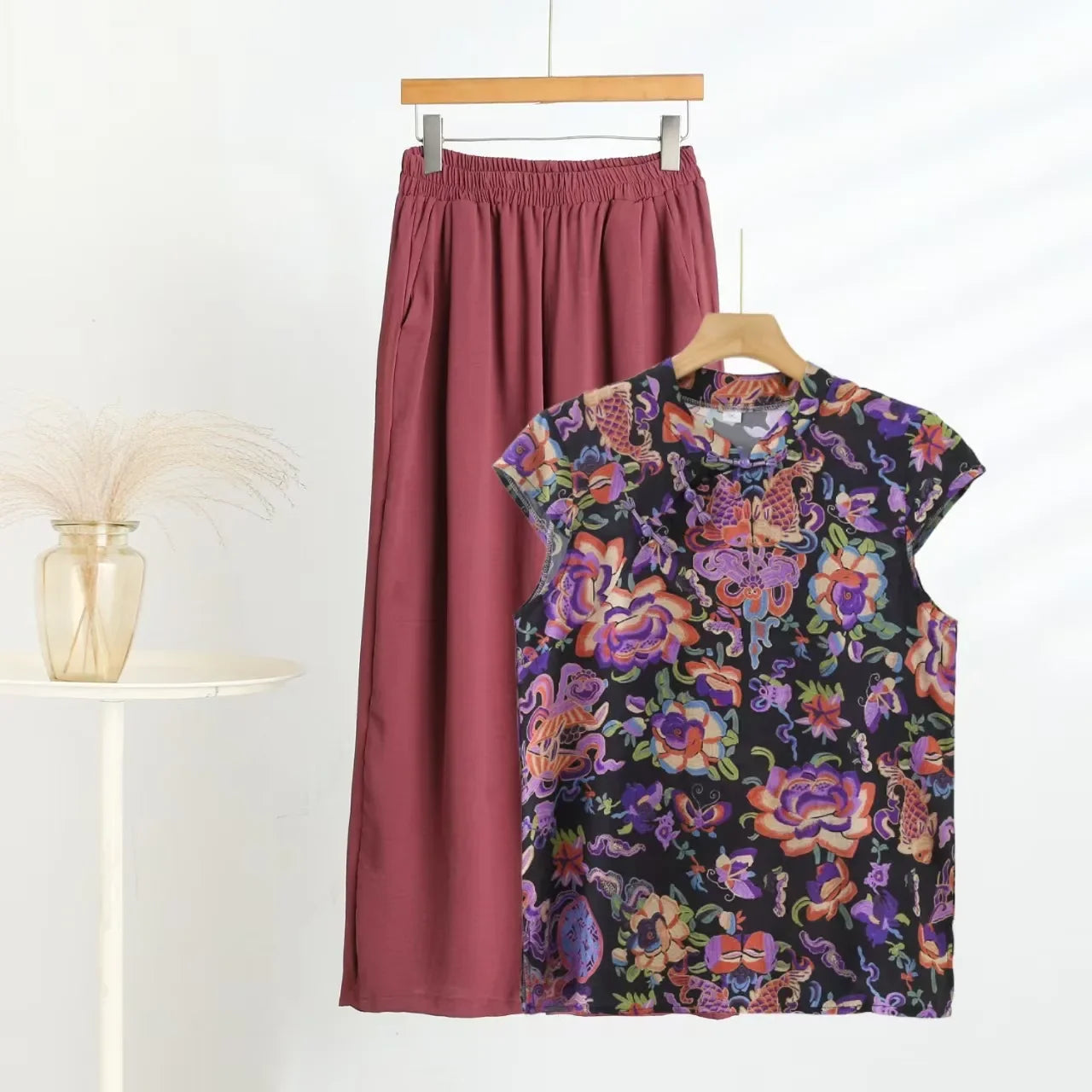 Summer Cotton-silk blend Cheongsam 2 Pcs Set Loose Short Sleeve Frog Closure Tops and Wide leg Pants New Chinese Style Plus size