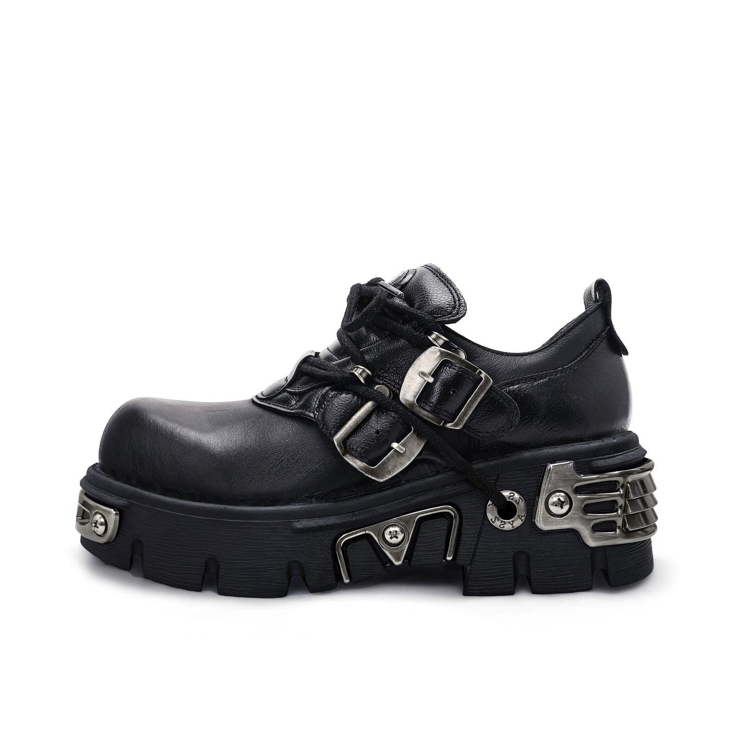 Platform Metal Punk Flats Cross Tied Buckle Single Shoes Zip Round Toe Gothic Runway Casual Women Shoes Goth Black Chunky