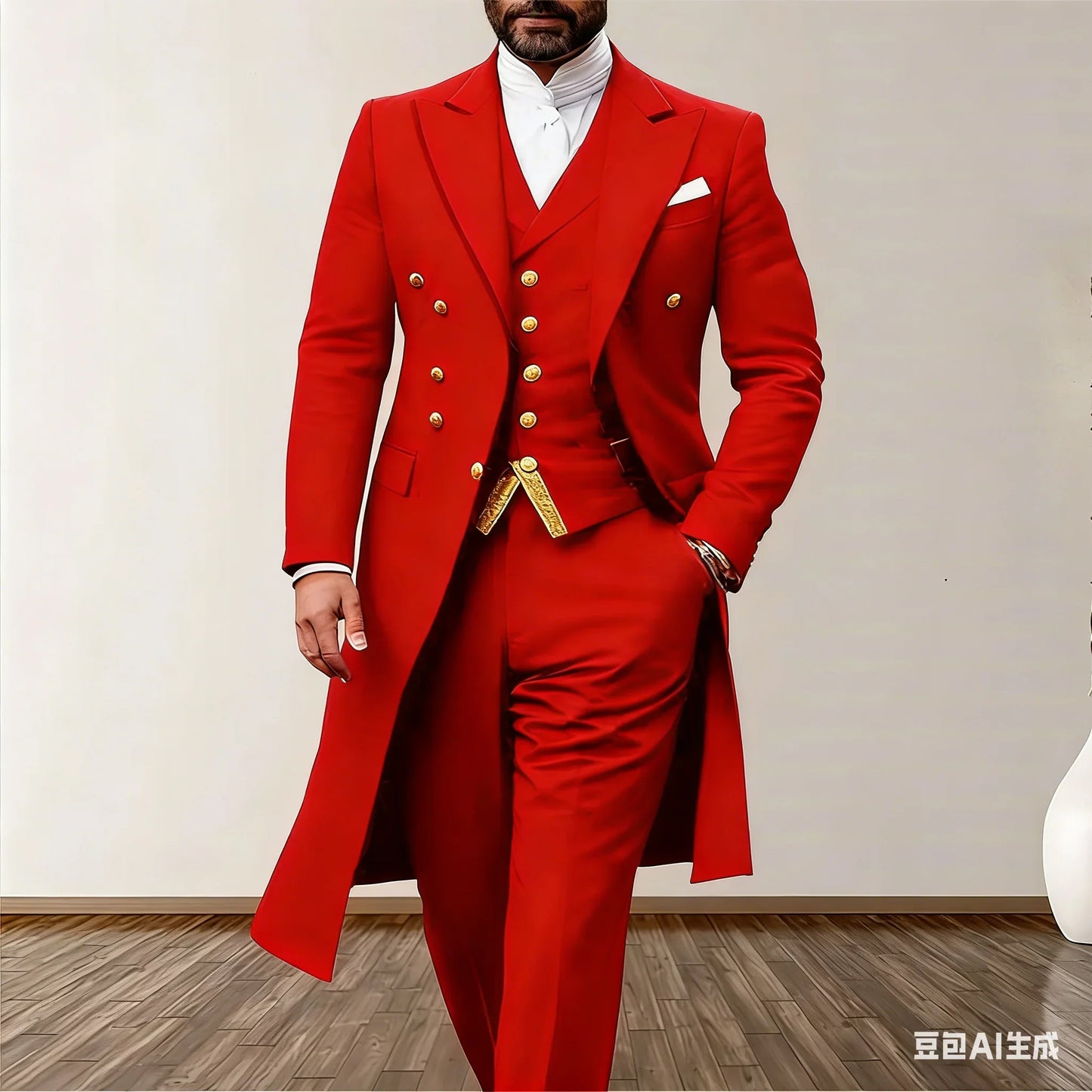 Blue Men Wedding Suits 3 Piece Long Blazer Vest Pants Satin One Button