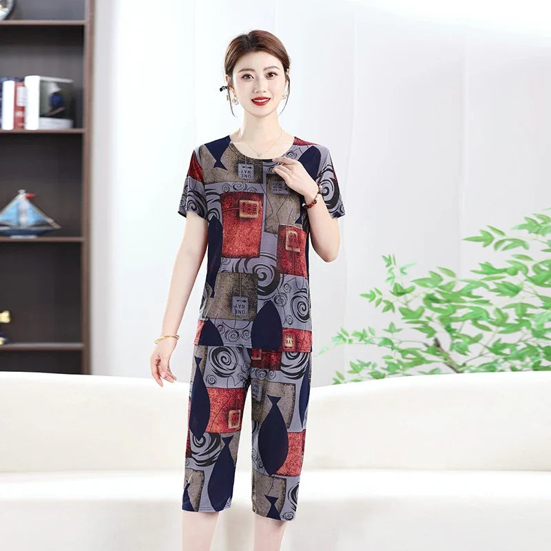Summer Women's Ice Silk Home Set T-shirt+Pants Fashionable Multi-color Set Thin Asian Size Clothing Plus Size