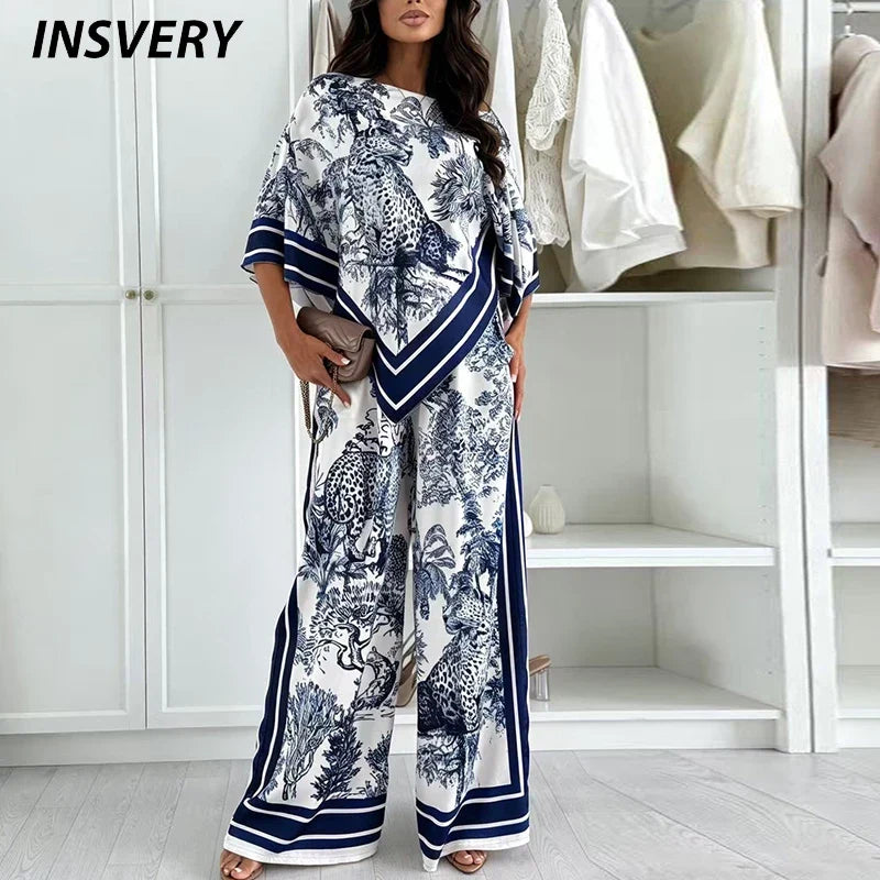 Vintage Printed Shirt High Waist Wide Leg Pants Suit Women Casual Two Piece Set Irregular 3/4 Length Shirt Trousers Holiday Sets