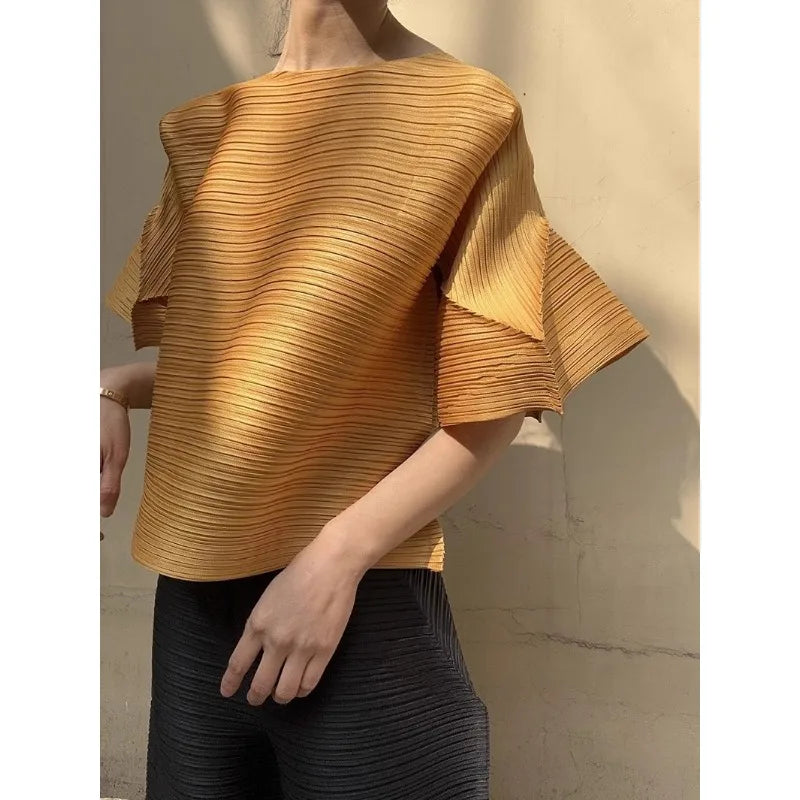 YUDX Miyake Pleated Women 2 Piece Fashion New Bubble Sleeve Round Neck Short Sleeve Loose Top + Irregular Pants Set