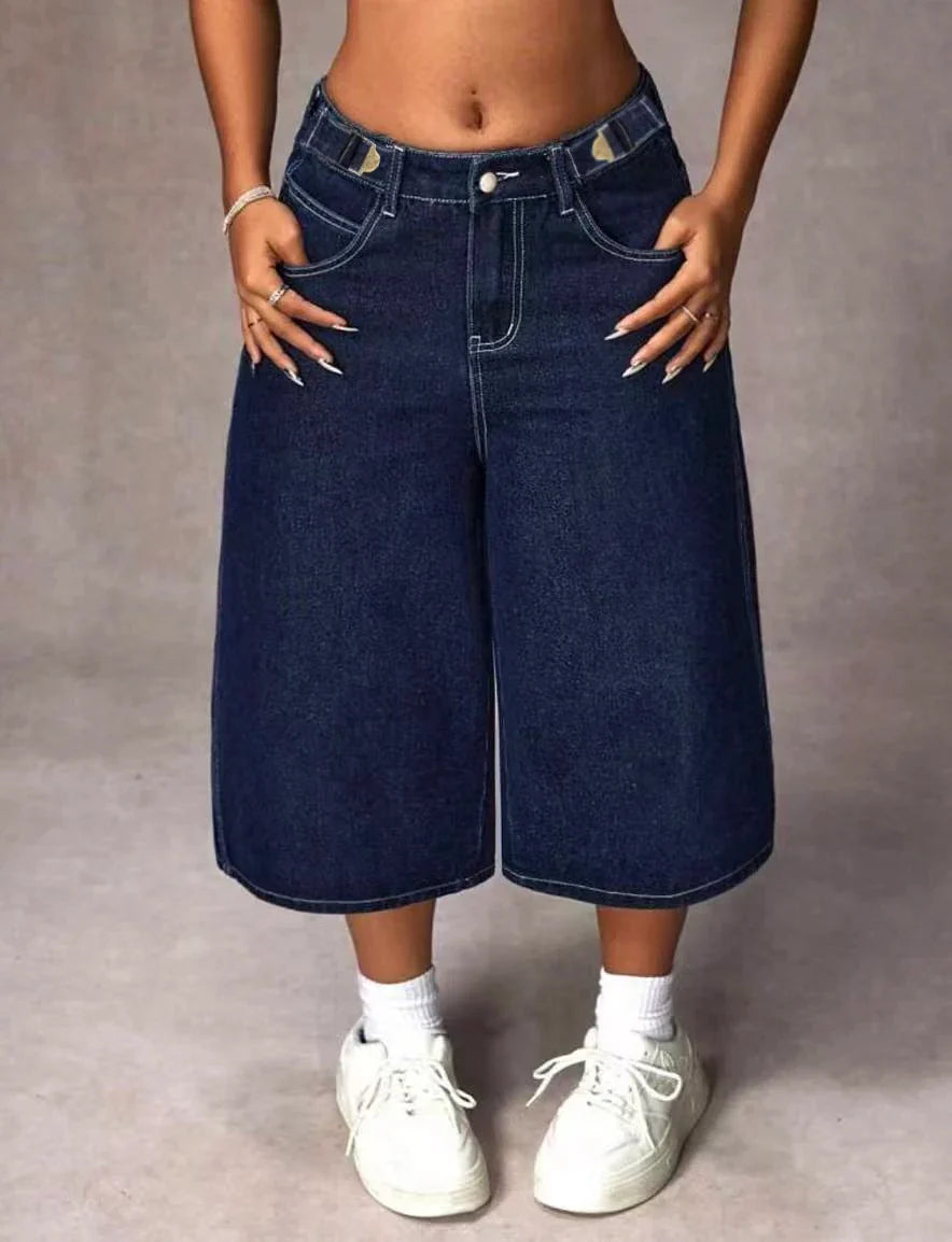 Retro Dark Blue Adjustable Buckle Capri Jeans