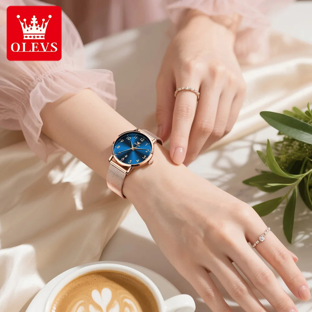 OLEVS 5653 Woman Watches Elegant Original Quartz Watch Waterproof Arabic Numerals Mesh Belt Date Ladies Watch Set Bracelet Watch