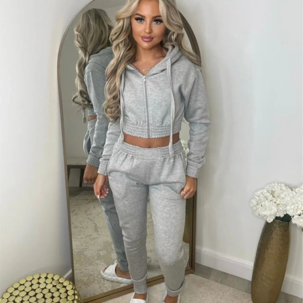 Fleece Hooded Sweatshirt Short Hooded Women's Suit Autumn Winter New Casual Zipper Hoodie Sports Jogging Pants Female 2piece Set