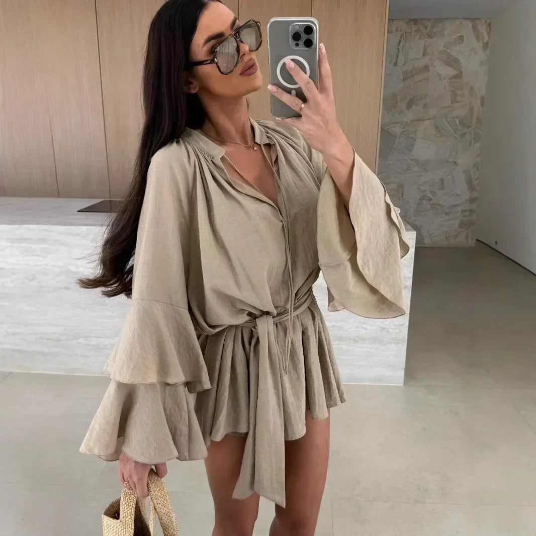 Elegant Fold Dress Women Brown Deep V-neck Long Sleeve Mini Dresses Female 2025 Spring Summer Fashion Loose Lady Vestidos