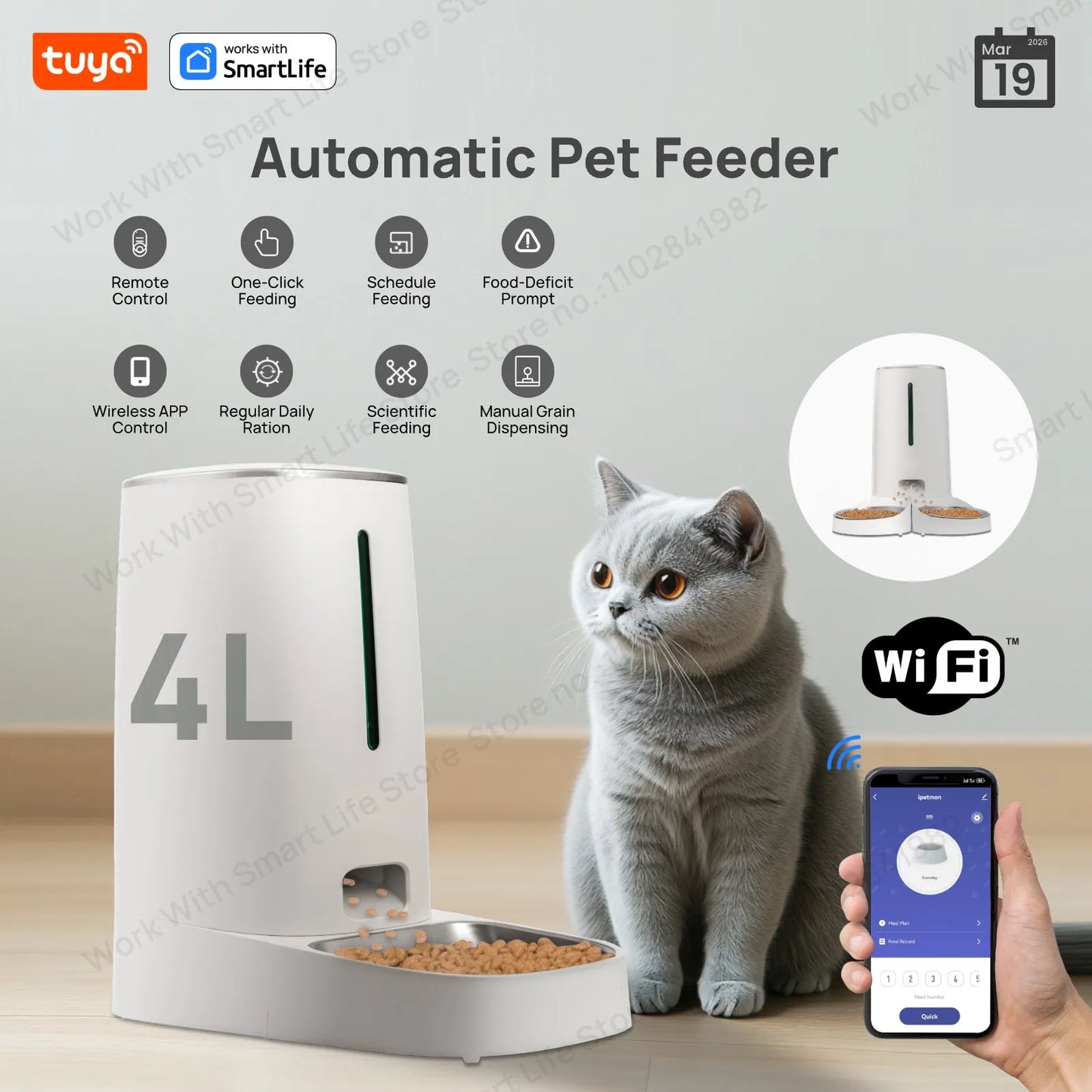 4L Automatic Pet Feeder for1/2Cats,WiFi Smart Feed Automatic Pet Feeder for Cats& Dogs,Timed Pet Food Dispenser with APP Control