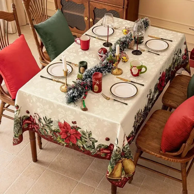 Christmas Rectangle Tablecloth, Poinsettia Design Tablecloth For New Year Party And Dinner Christmas Table Decor Tablecloth