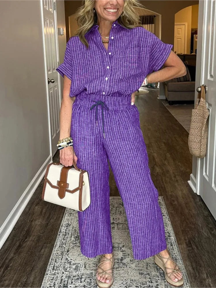 Classic Spring Autumn Cotton Linen Striped Printed Short Sleeve Shirt 2 Piece Set Retro Casual Loose Waist Trousers Women's Suit