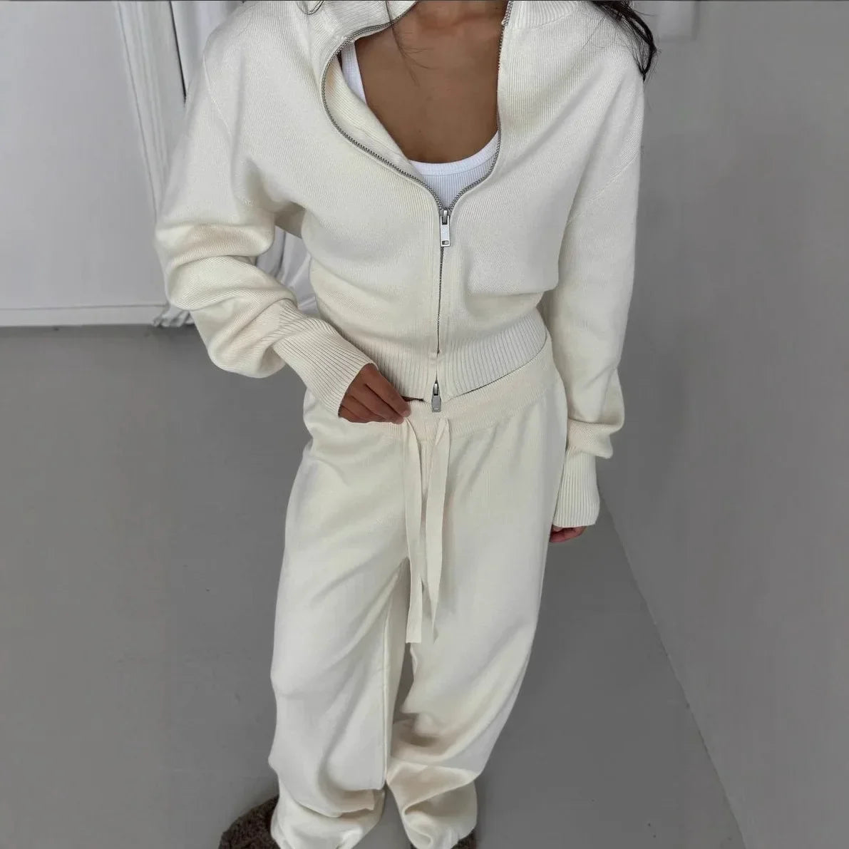 Women Cotton Knitted Cardigan Wide Leg Pants Suit Autumn and Winter Lady  Fashion Loose Daily Office Jacket Straight Pants 2Pcs