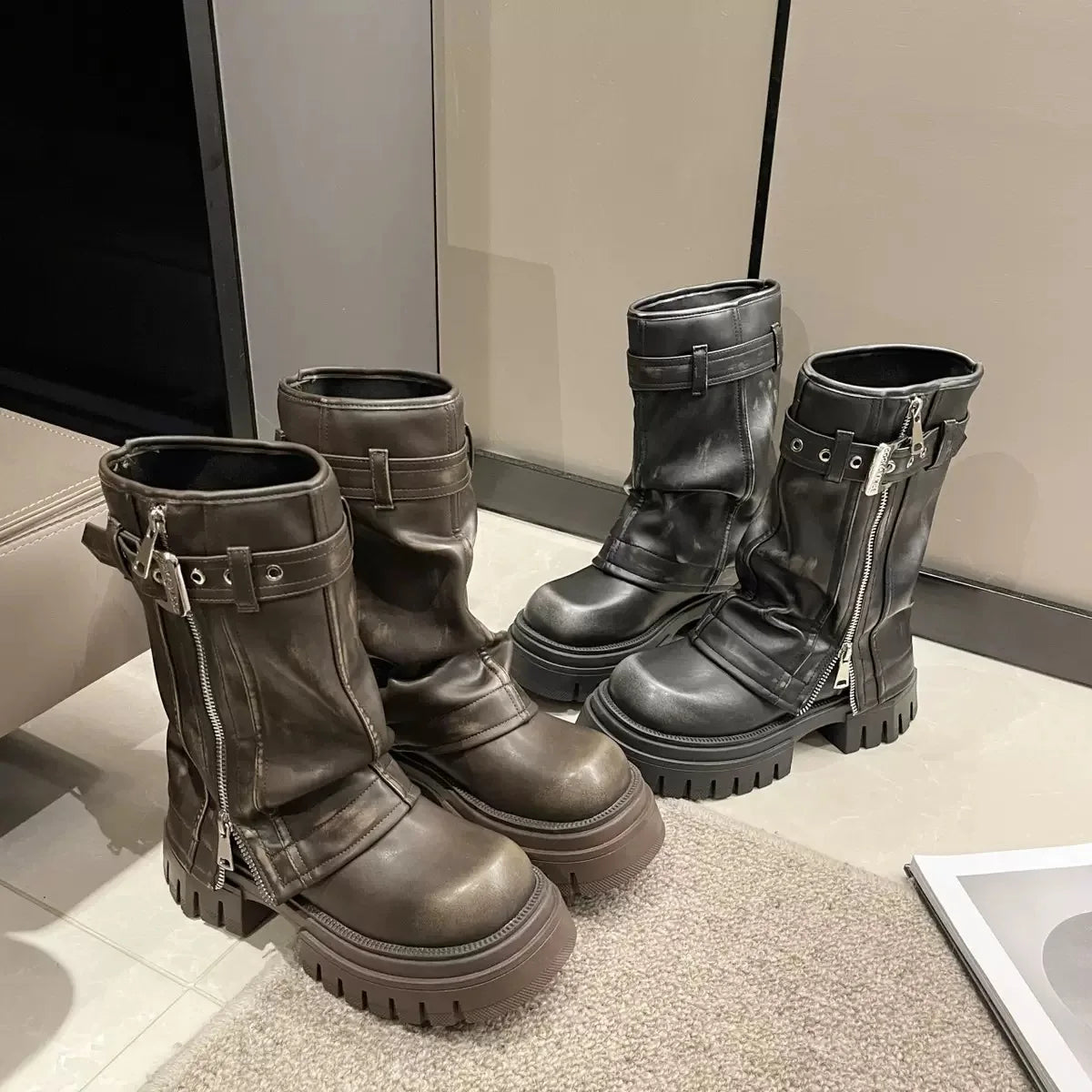 2025 Winter Women Biker Boots Fashion Belt Buckle Ladies Elegant Platform Long Pipe Booties Casual Women's Knee High Booties