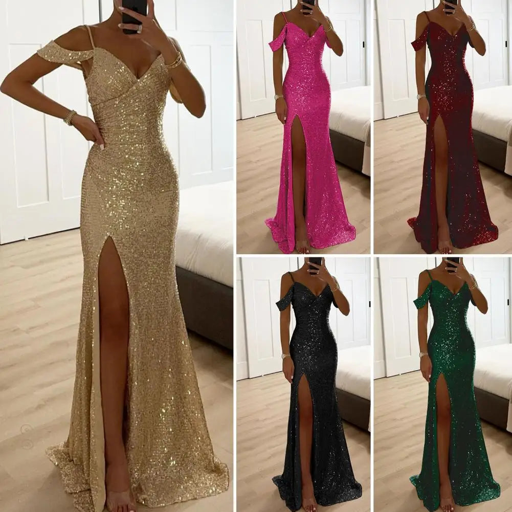 Vestido de mujer con lentejuelas, tirantes, sexy, brillante, lentejuelas, hombros descubiertos, cuello en V, abertura lateral, vestido de fiesta, vestido de fiesta de boda, vestido largo